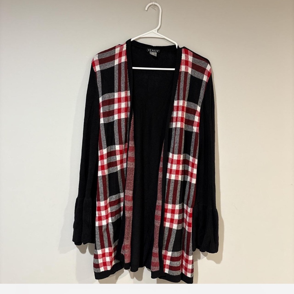 VENUS Plaid Trim Open Front Cardigan | Black Bell Sleeve Knit Size M